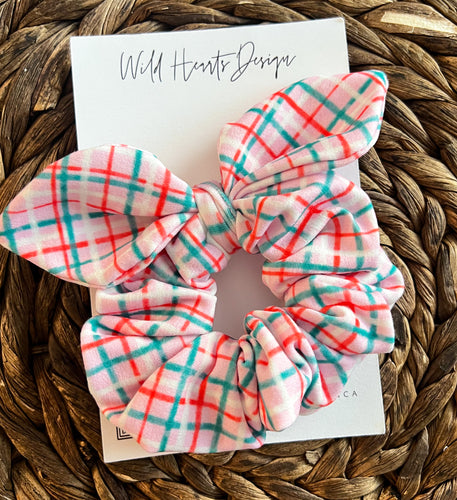 Pink Christmas Plaid Bow Scrunchie
