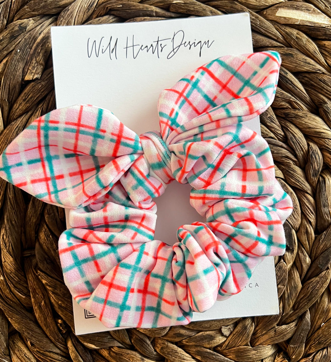 Pink Christmas Plaid Bow Scrunchie